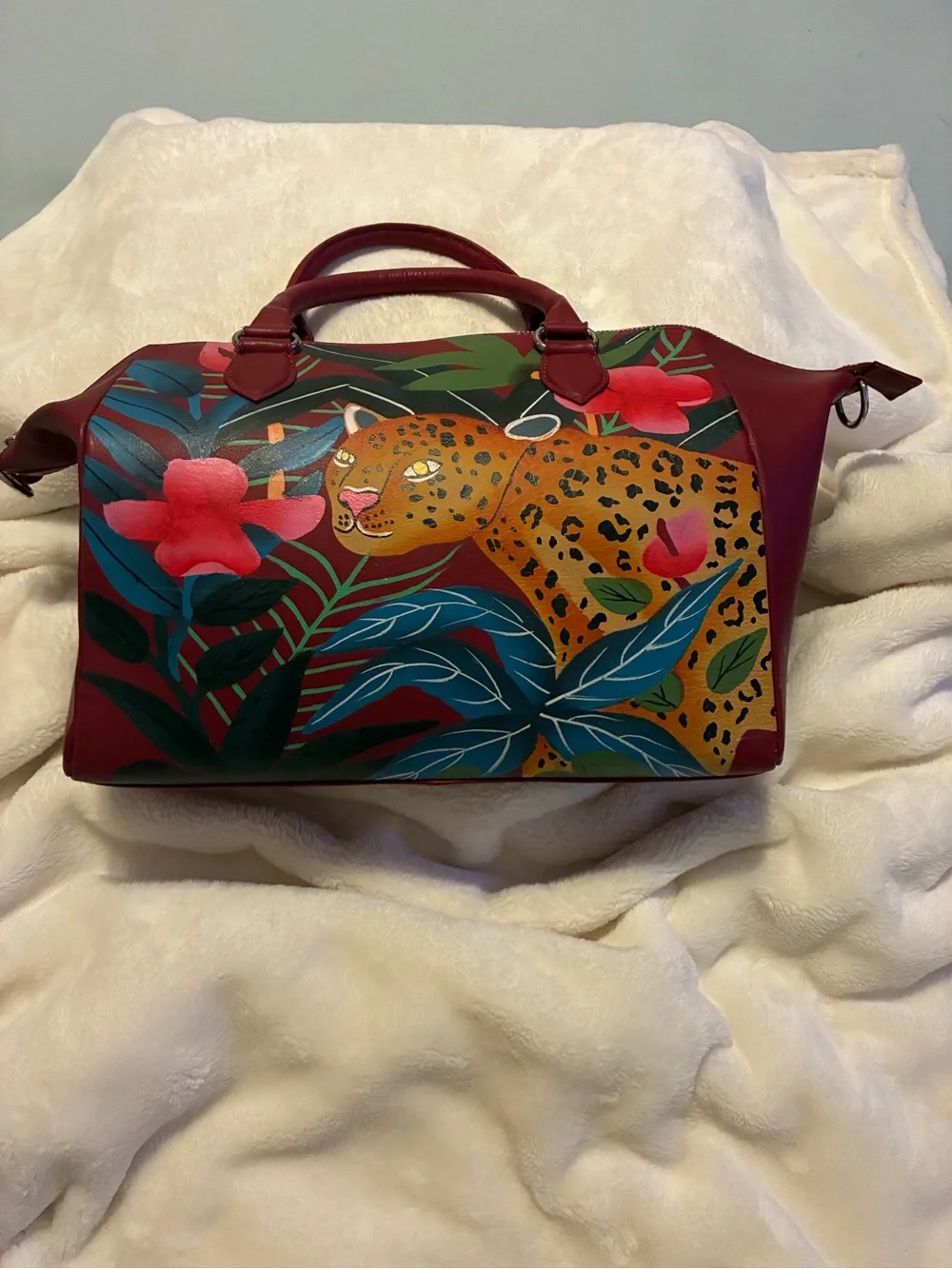 Burgundy Hand-Painted Leopard Floral Satchel